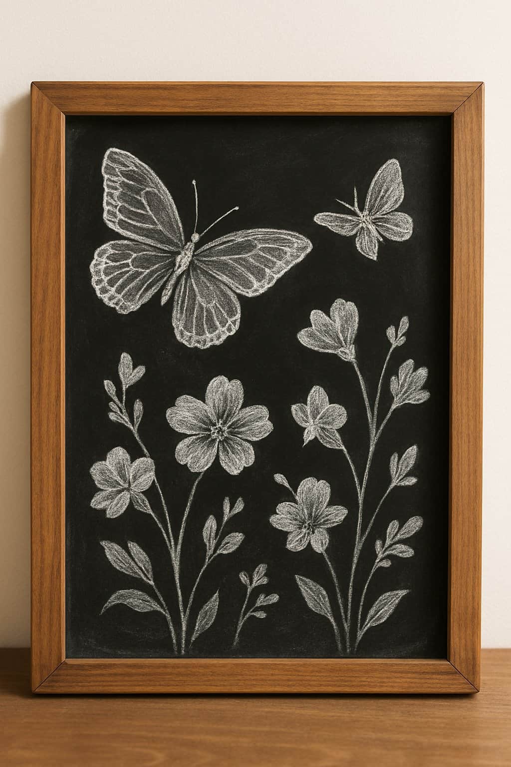 Wood framed chalkboard with butterfly and flower silhouettes drawn on it.