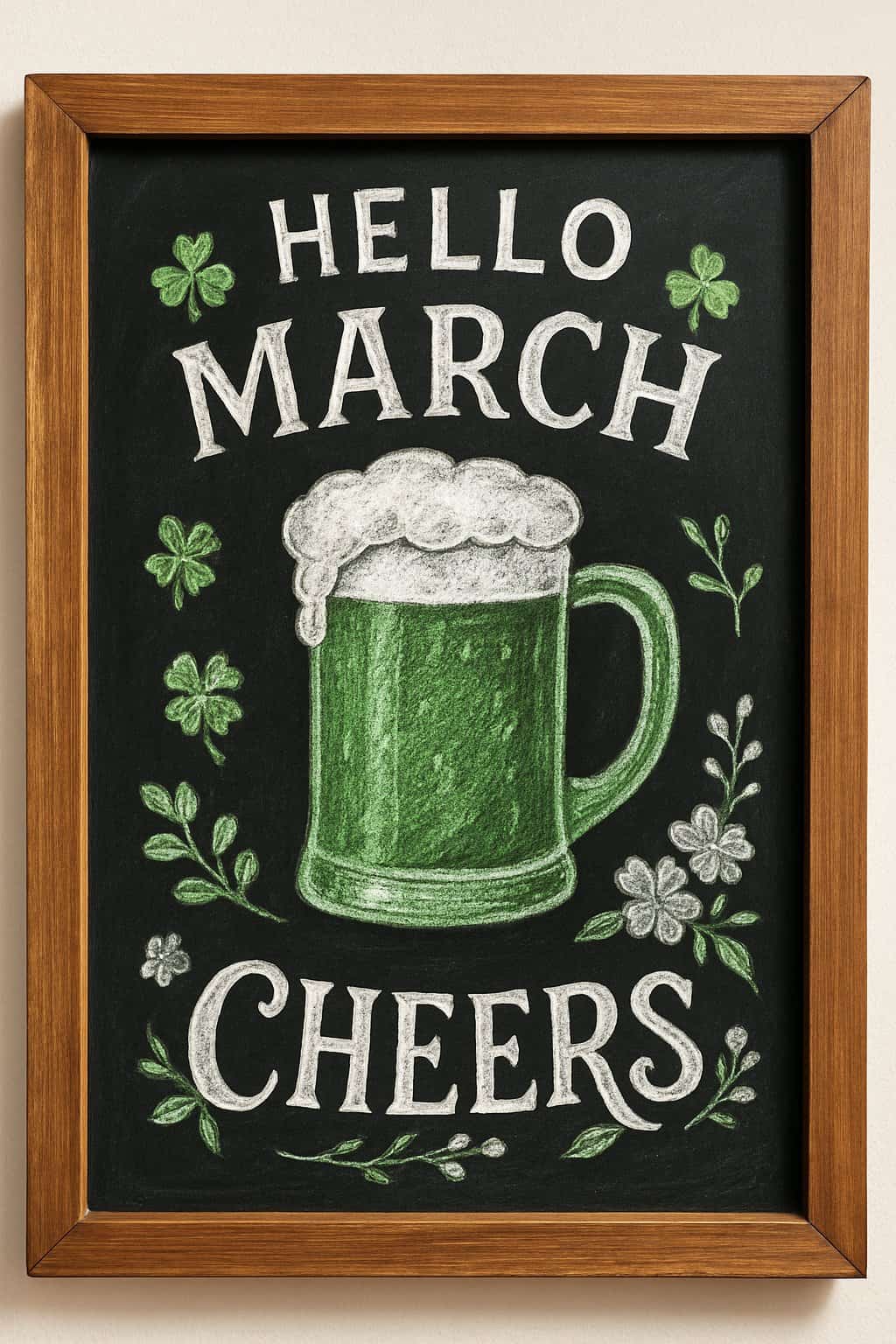 A wood framed chalkboard sign with a detailed green beer mug sketch and decorative seasonal elements on a clean background.