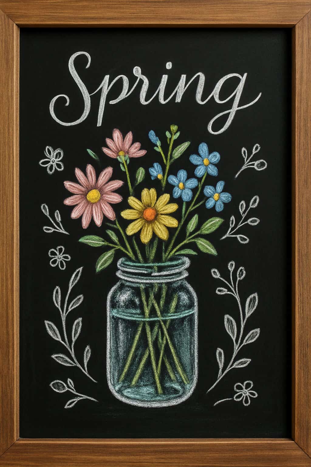 A wood framed chalkboard sign featuring a mason jar filled with wildflowers drawn in chalk, surrounded by floral decorations on a clean black background.