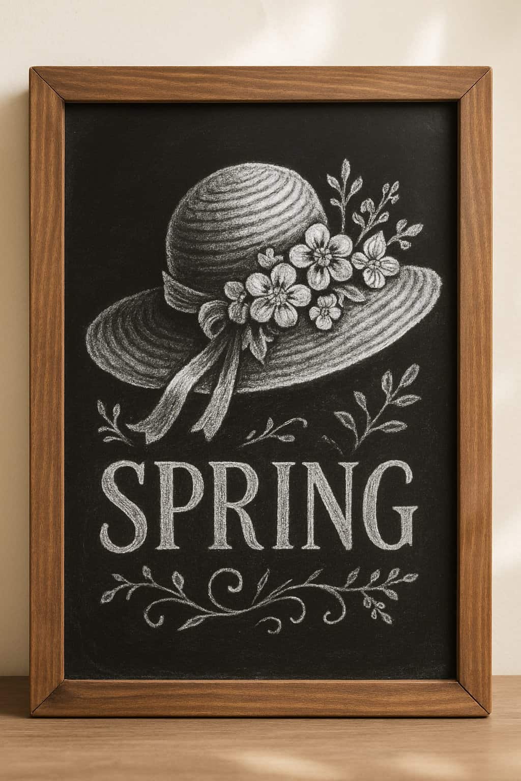 A wooden framed chalkboard displaying a detailed chalk drawing of a sun hat with a ribbon and flowers, surrounded by decorative botanical elements on a clean background.