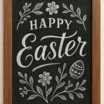 A framed chalkboard features the words “Happy Easter” in decorative script, surrounded by drawings of flowers, leaves, and a decorated Easter egg in white chalk.
