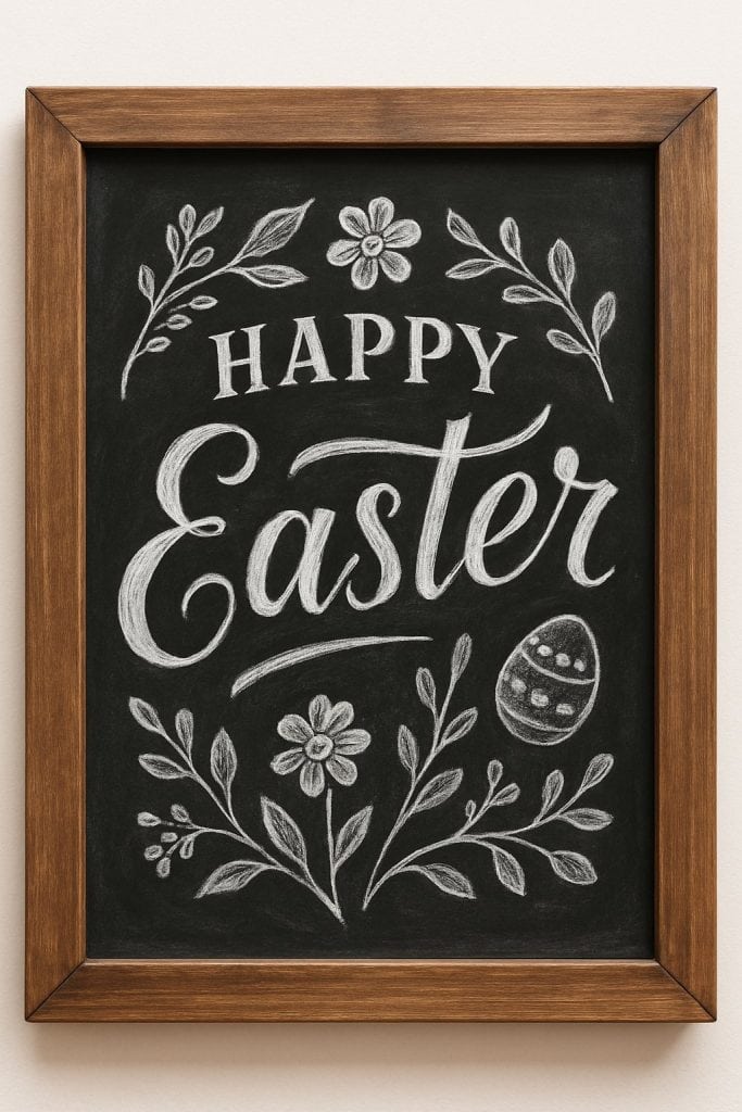 A framed chalkboard features the words “Happy Easter” in decorative script, surrounded by drawings of flowers, leaves, and a decorated Easter egg in white chalk.