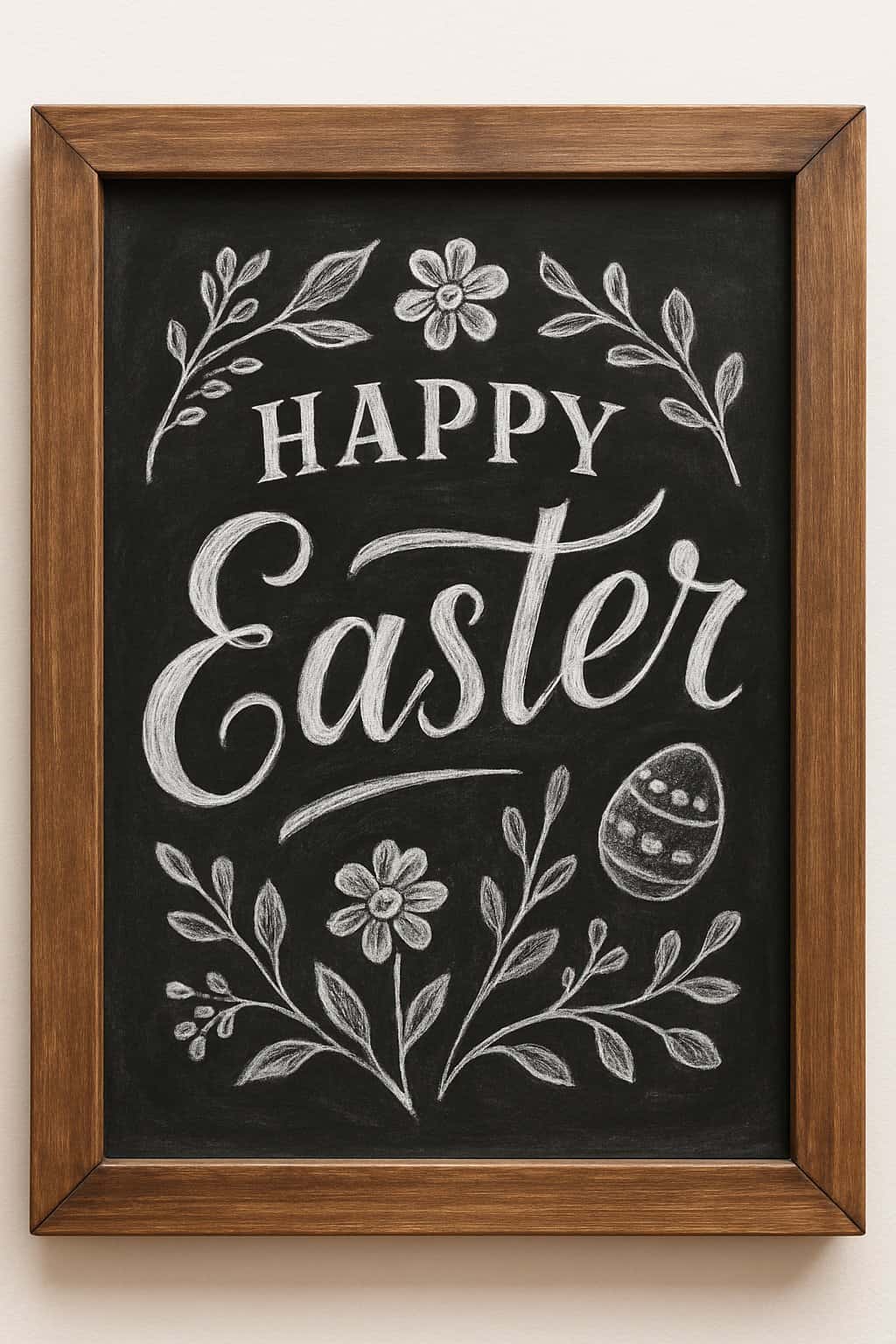 A wood framed chalkboard sign with artistic Easter-themed lettering and subtle spring decorations on a clean background.
