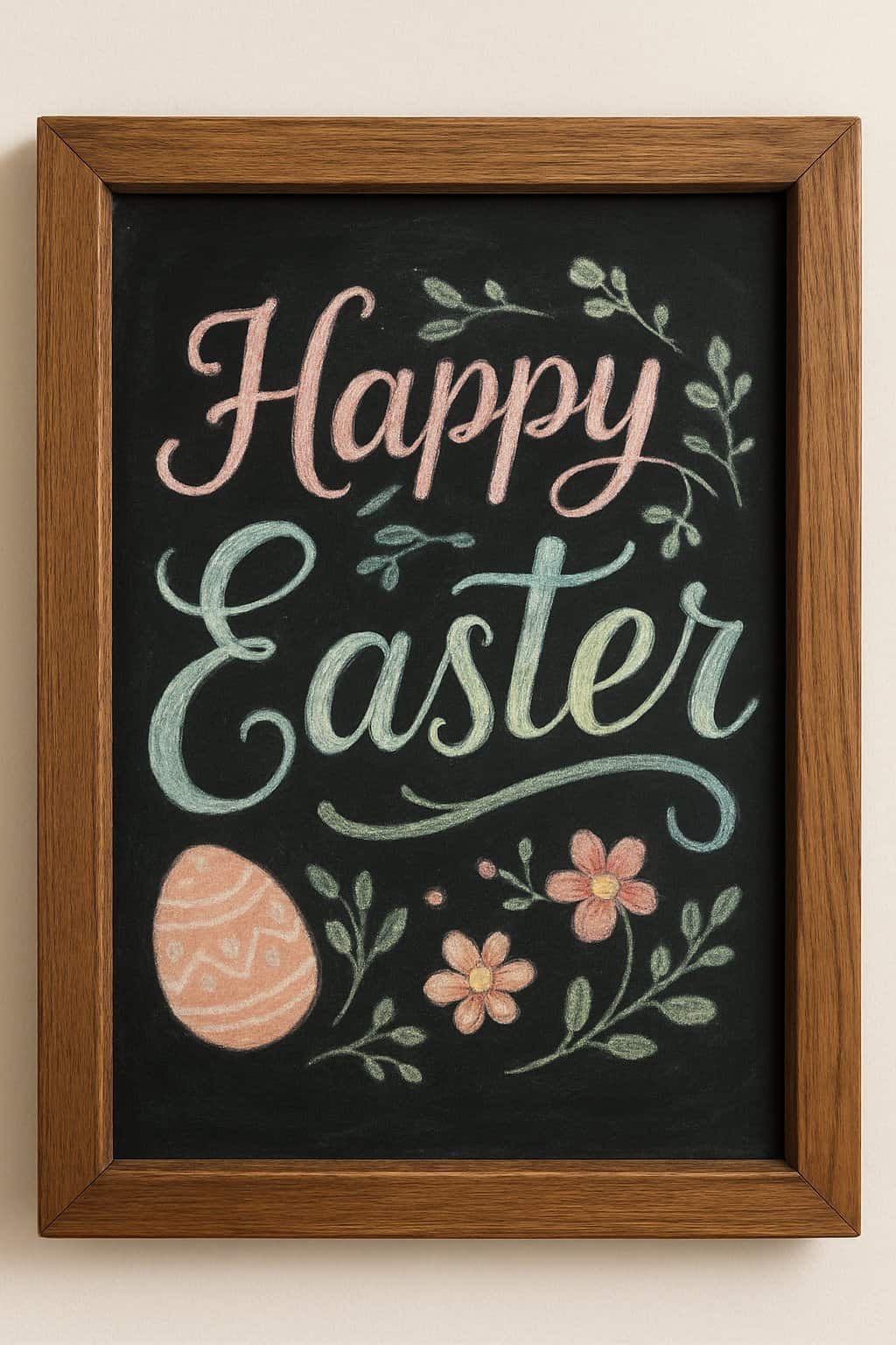 A wood framed chalkboard sign with colorful Easter-themed hand lettering and spring floral decorations.