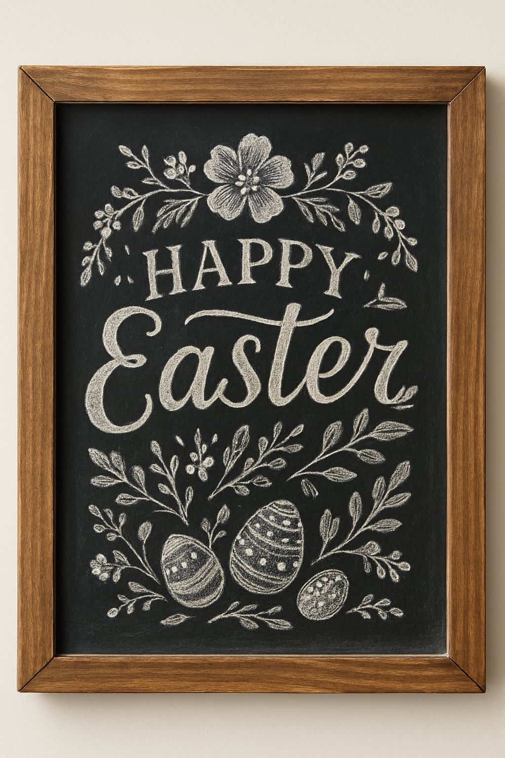 A wood framed chalkboard sign featuring detailed hand lettering and decorative Easter-themed illustrations on a clean background.