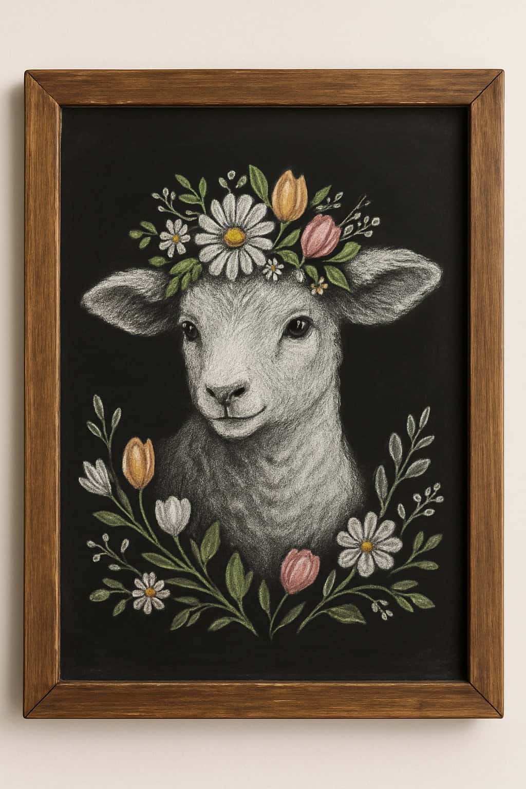 A chalkboard sign with a cute lamb wearing a floral wreath surrounded by spring flowers, set against a clean background.