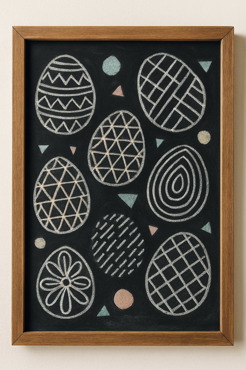 A wood framed chalkboard displaying detailed geometric Easter egg patterns drawn in white chalk with a clean background and natural light.