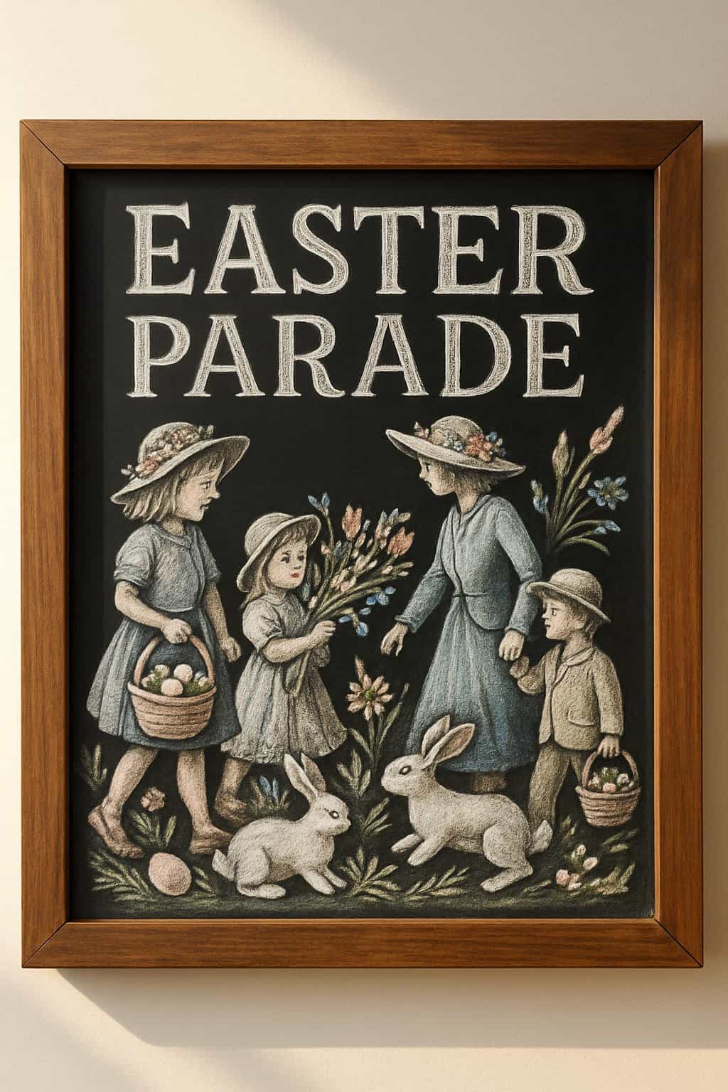 A chalkboard sign depicting an Easter parade with children, families, bunnies, flowers, and Easter baskets in a springtime scene.