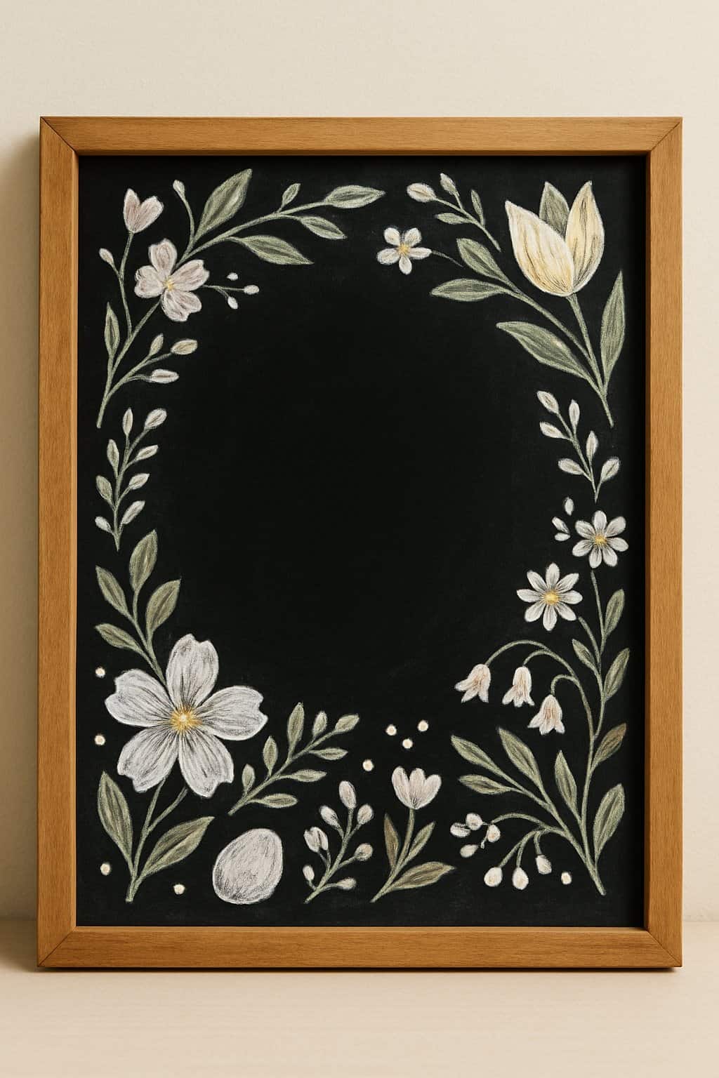 A wood-framed chalkboard sign with spring floral illustrations and calligraphy on a black background, lit by soft natural light.