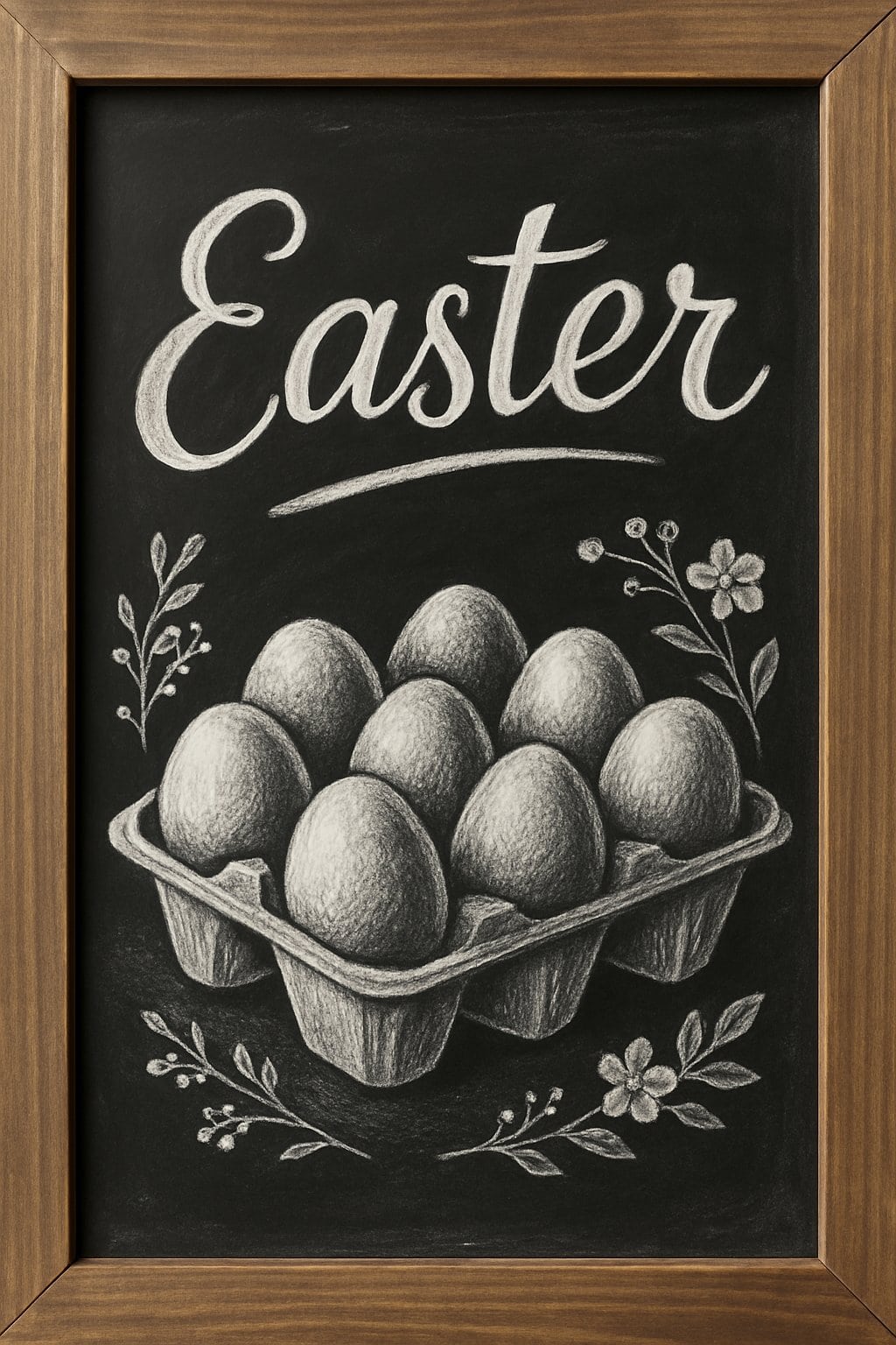 A wood framed chalkboard sign depicting a vintage egg carton filled with chalk-drawn eggs, surrounded by spring flowers on a clean background.