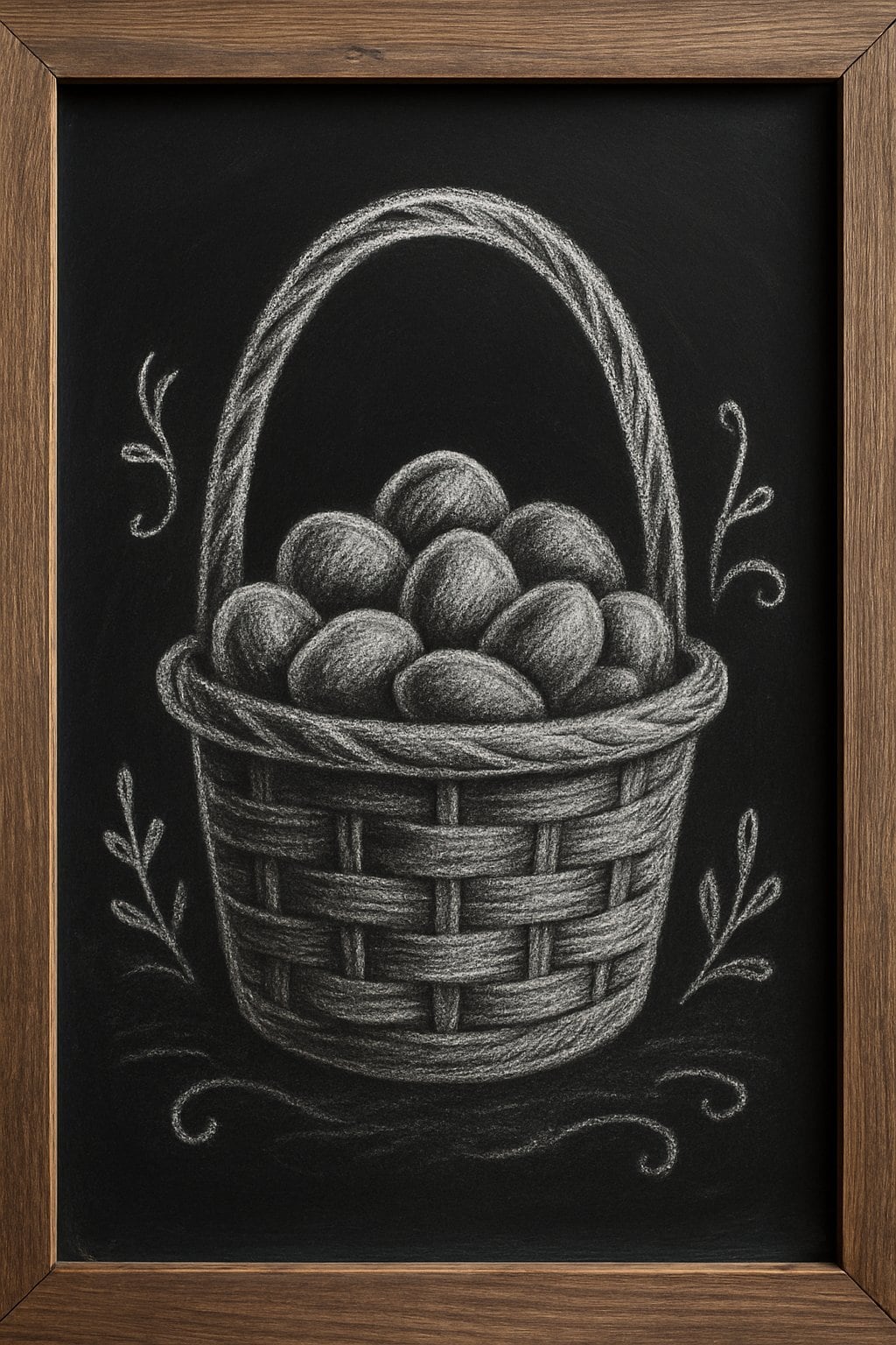 An outline of an Easter basket filled with jelly beans drawn on a chalkboard inside a wooden frame.