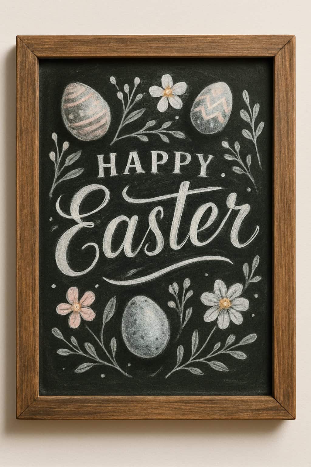 A wood framed chalkboard with Easter-themed chalk illustrations and lettering surrounded by spring flowers and Easter eggs.