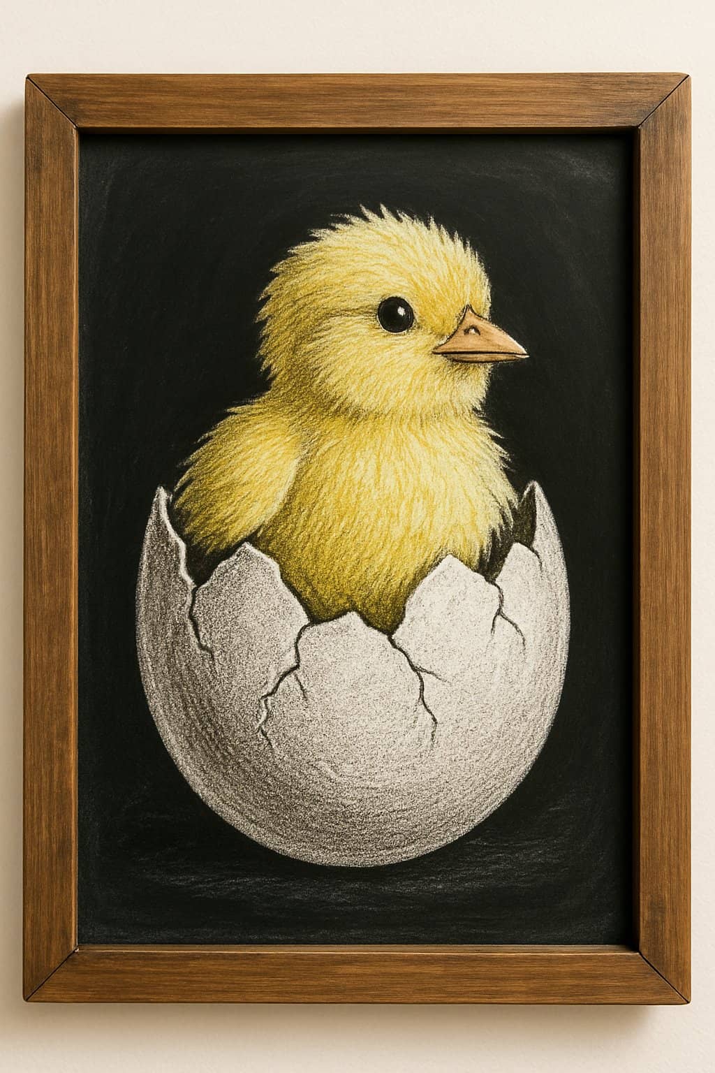 A chalkboard sign with a drawing of a cracked egg and a chick emerging from it, framed in wood.