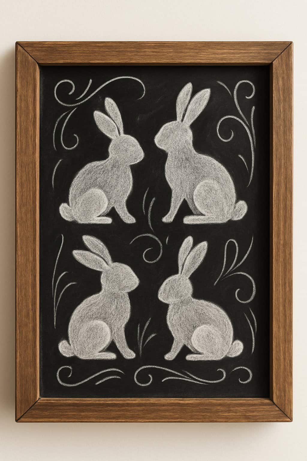 A wood framed chalkboard with simple chalk bunny silhouettes arranged on a clean background.