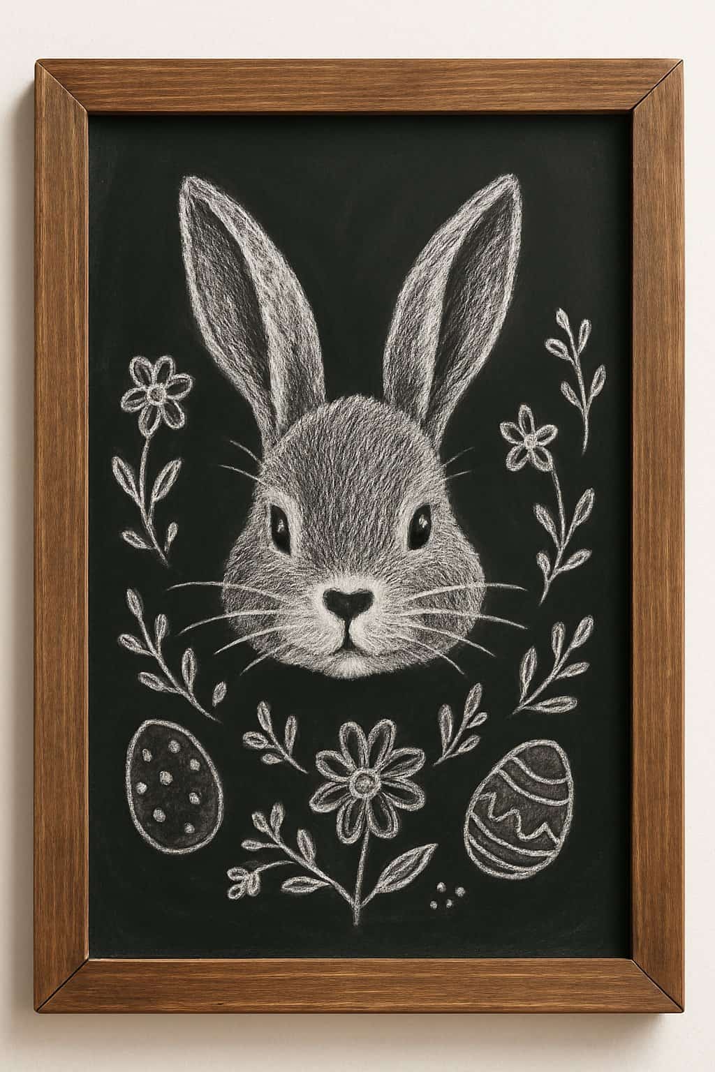 A wood-framed chalkboard sign displaying a chalk drawing of an Easter bunny face with a heart-shaped nose surrounded by spring flowers and Easter eggs.