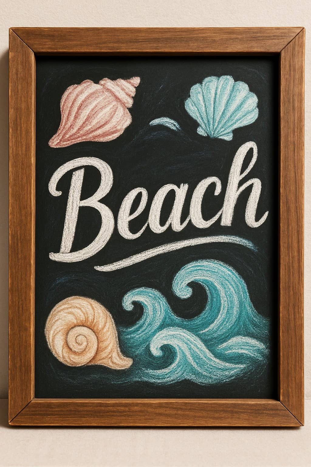 A wooden framed chalkboard featuring seashell and wave illustrations with artistic chalk drawings on a dark background.