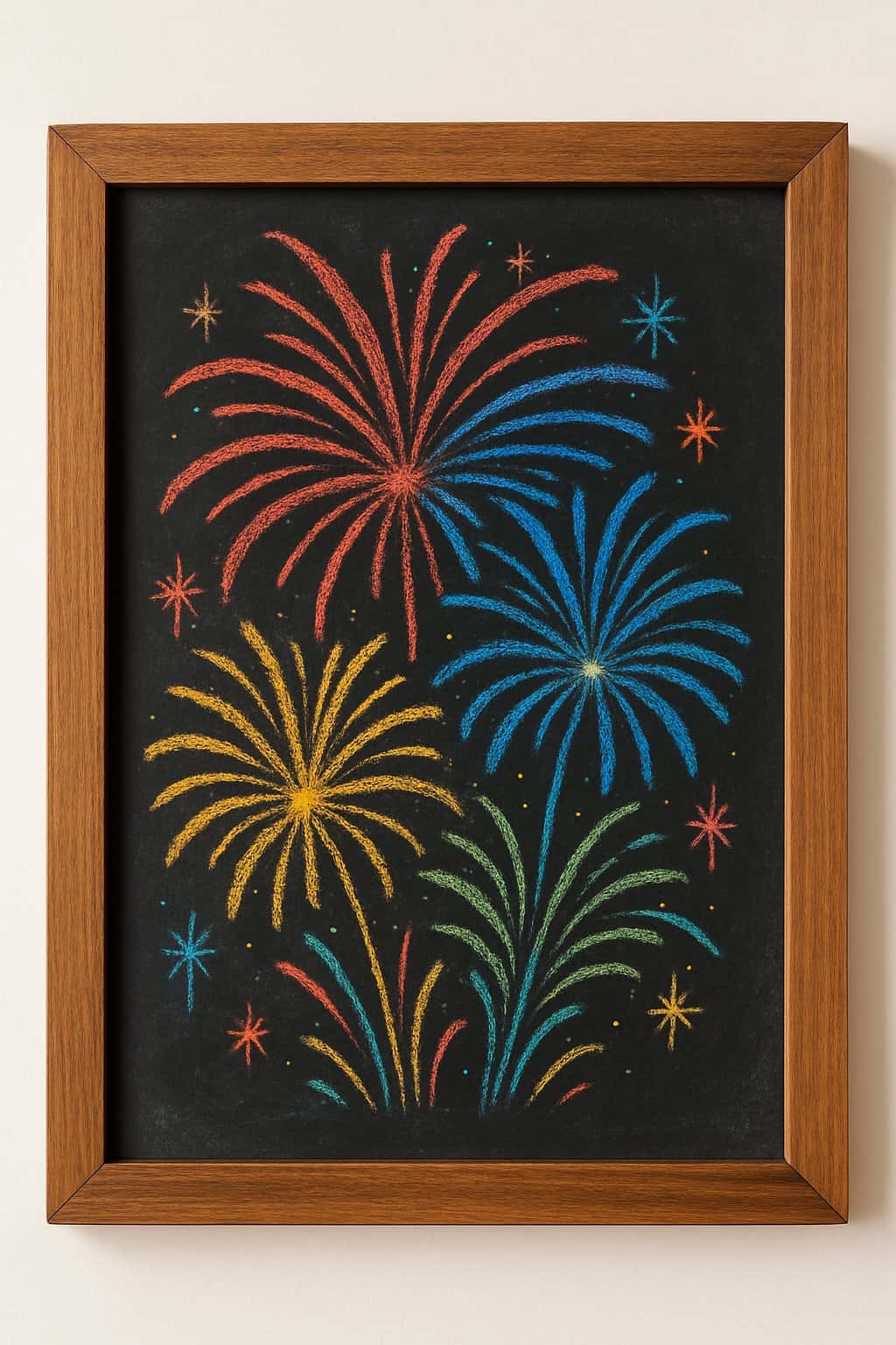 A wood-framed chalkboard displaying a colorful sketch of fireworks with bright bursts of red, blue, yellow, and green against a dark background.
