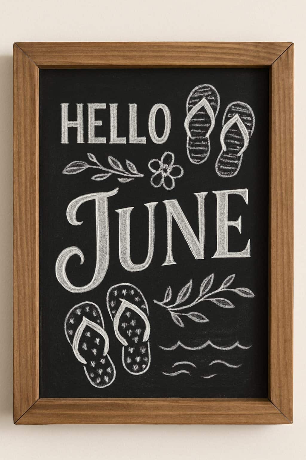 A wooden framed chalkboard sign with detailed hand-drawn flip flop patterns and summer-themed chalk art on a clean background.
