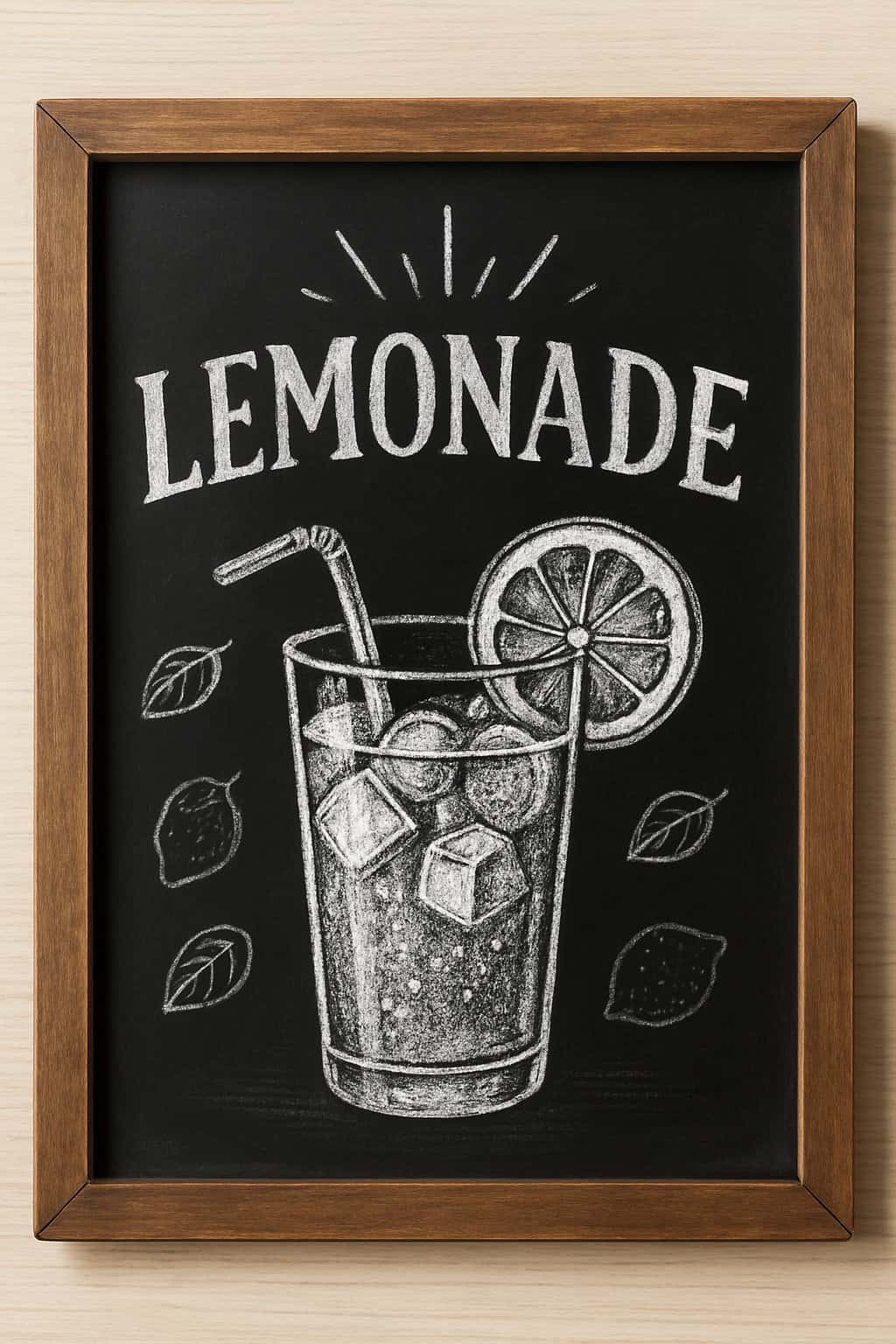 A wood-framed chalkboard displaying a detailed drawing of a lemonade glass with a lemon slice and ice cubes.