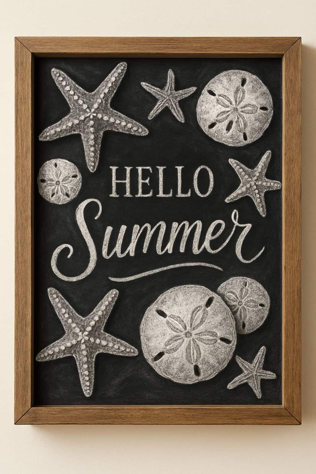 A wood framed chalkboard sign decorated with drawings of starfish and sand dollars on a clean background.
