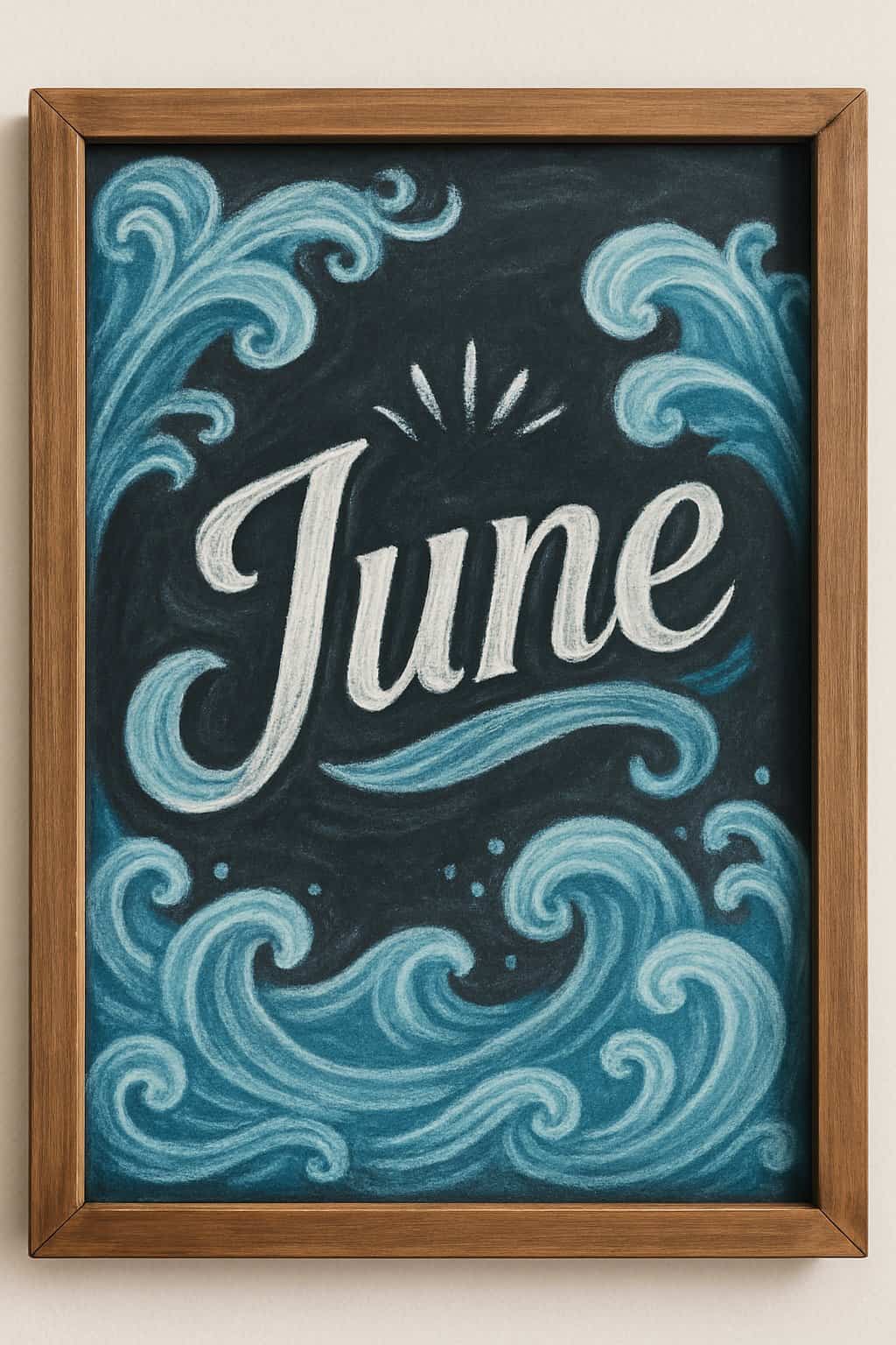 A wooden framed chalkboard with decorative wave patterns and artistic lettering inspired by ocean and summer themes.