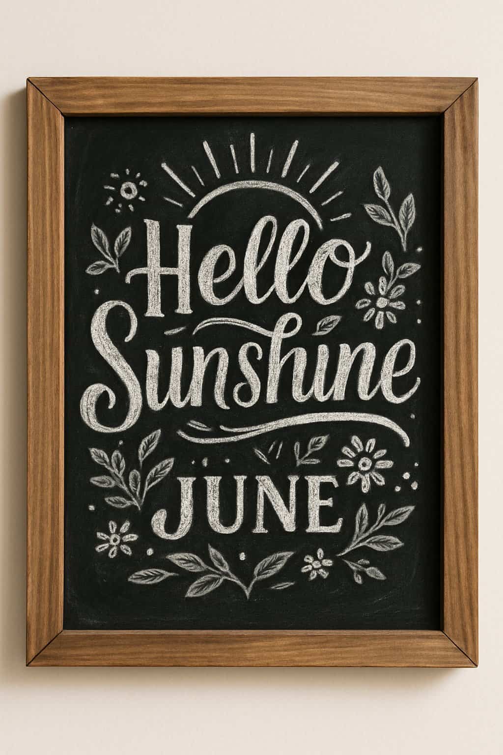 A wood framed chalkboard sign with artistic lettering surrounded by subtle summer-themed decorations on a clean background.