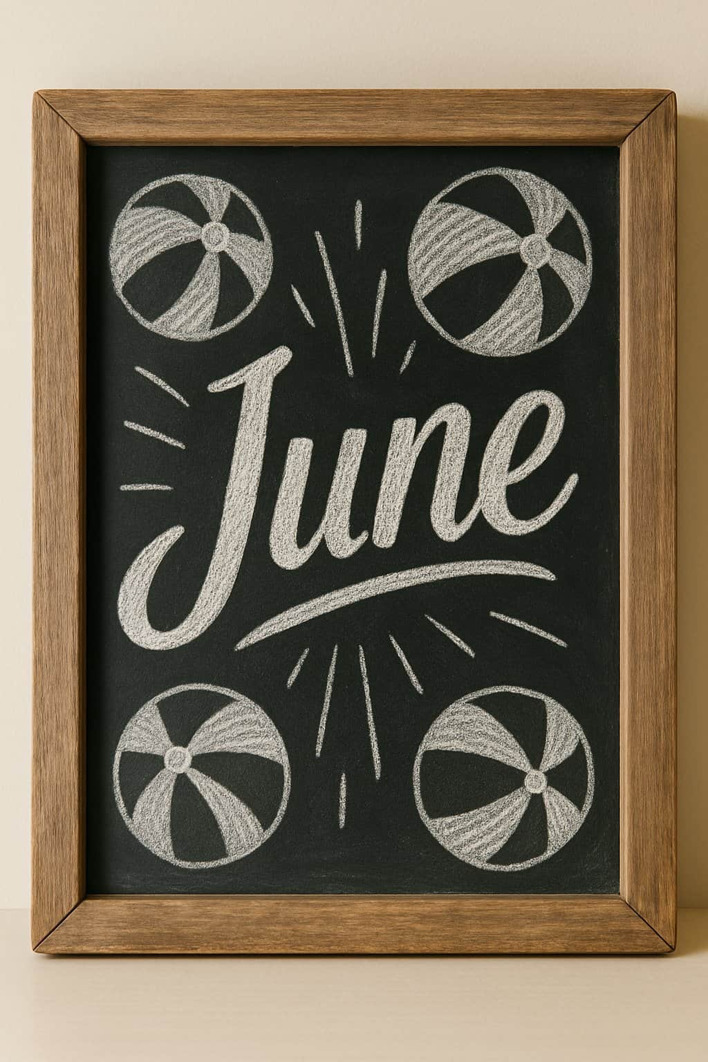 A wood-framed chalkboard sign with artistic chalk patterns inspired by beach balls and summer, set against a clean background with natural light.