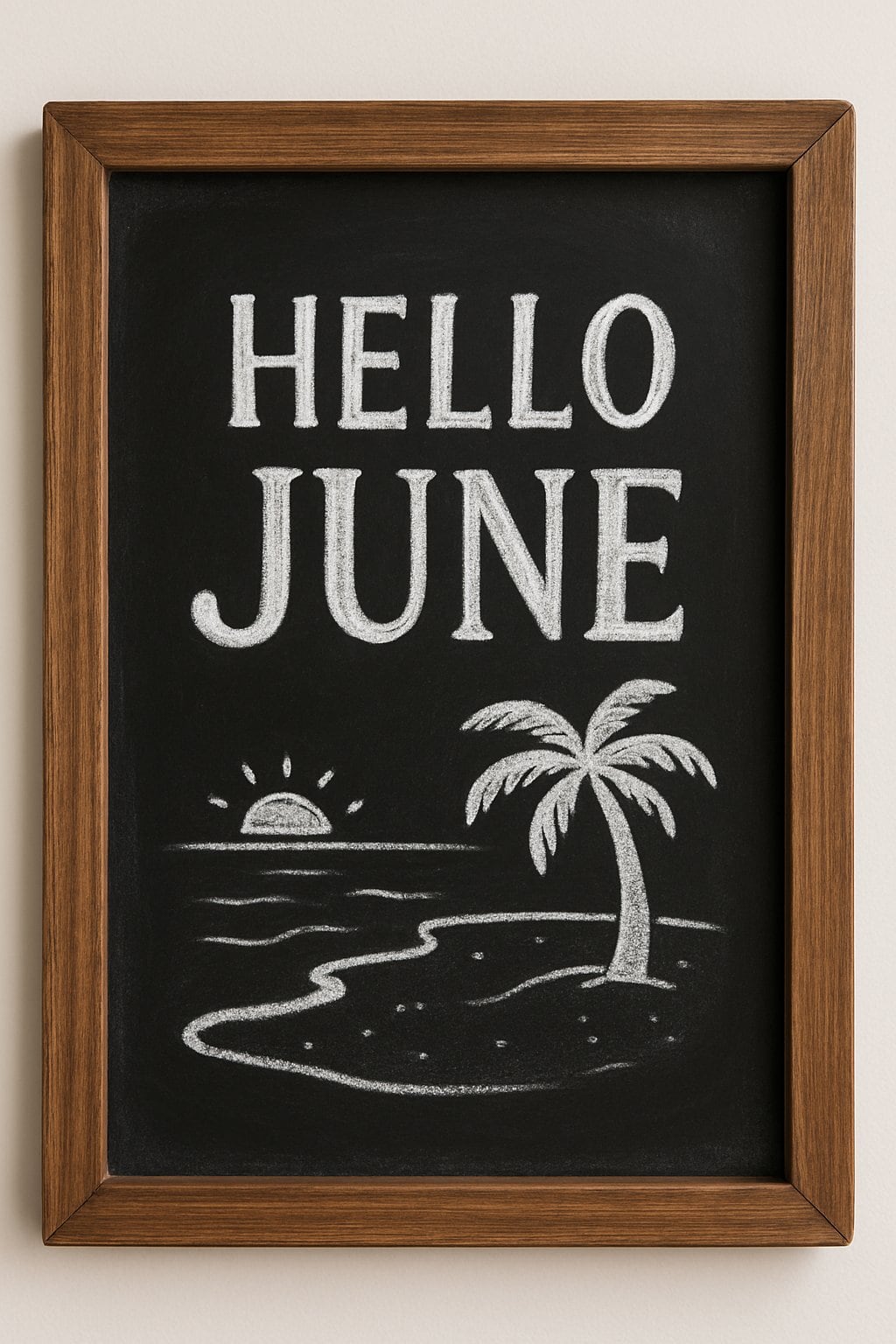 A wooden framed chalkboard sign with a simple outline of a sandy beach drawn on it.