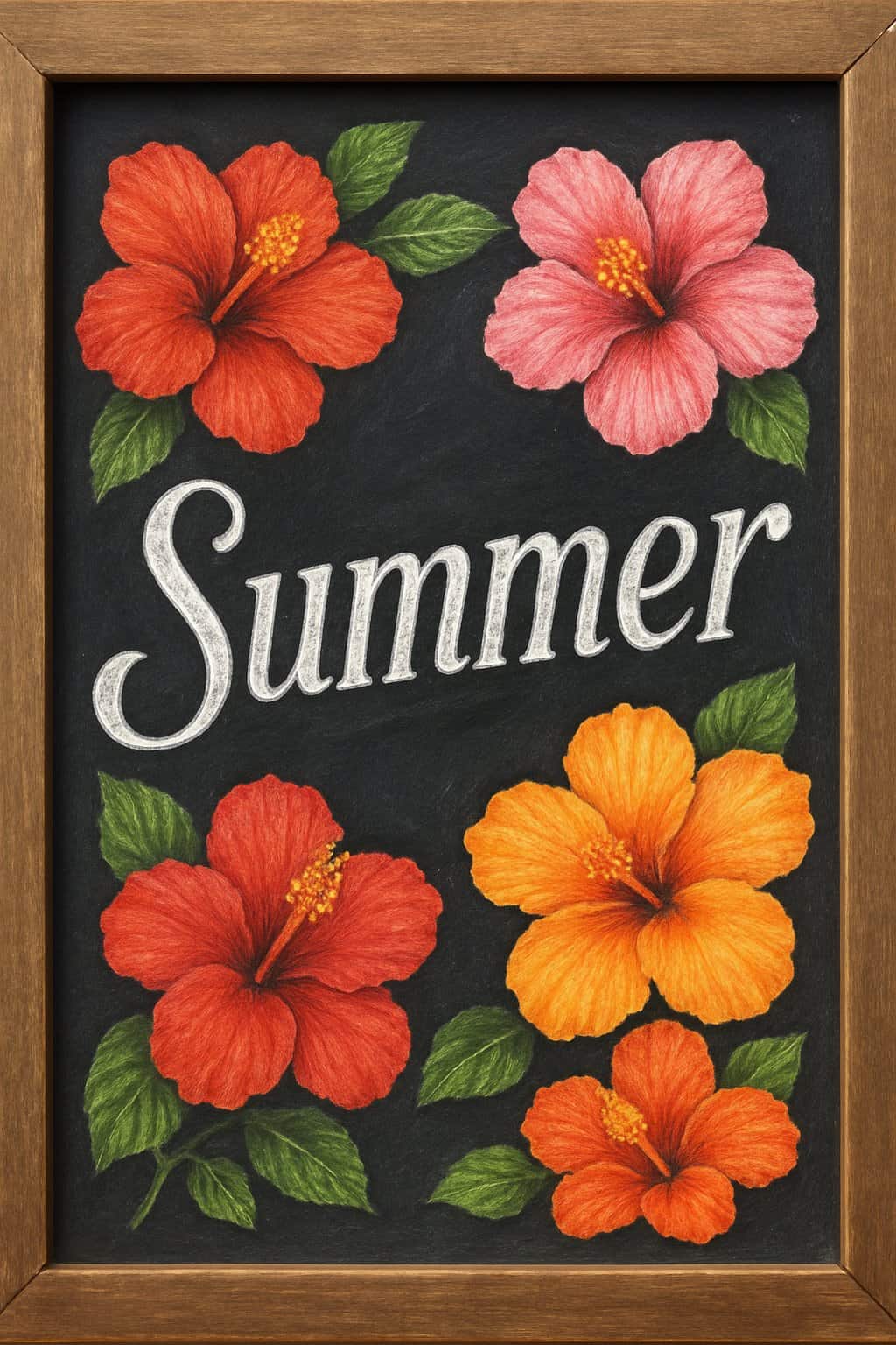 A wood framed chalkboard sign decorated with bright hibiscus flowers around the edges.
