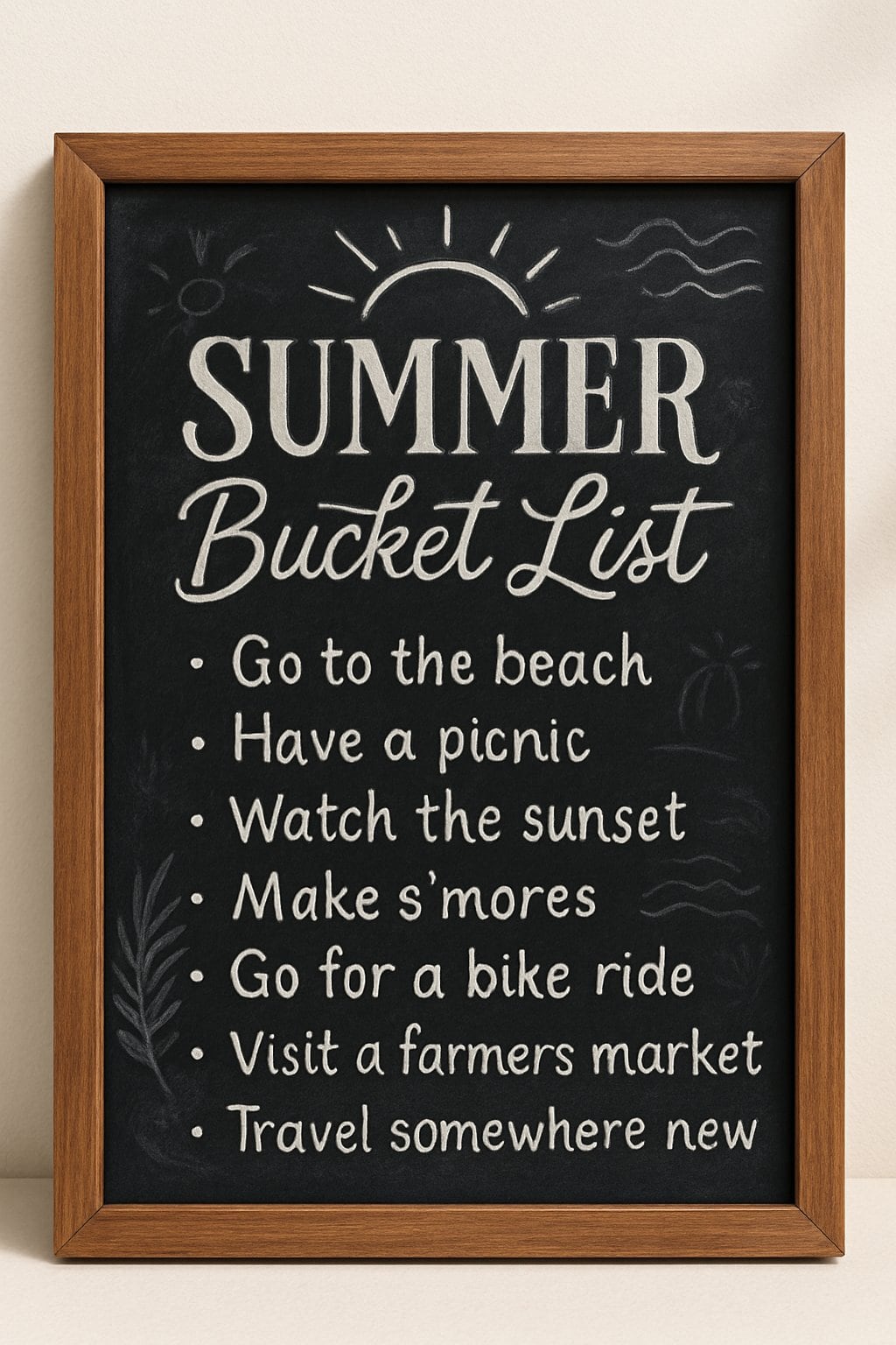 A wood framed chalkboard sign with artistic chalk drawings and summer-themed illustrations, displayed against a clean background with natural lighting.