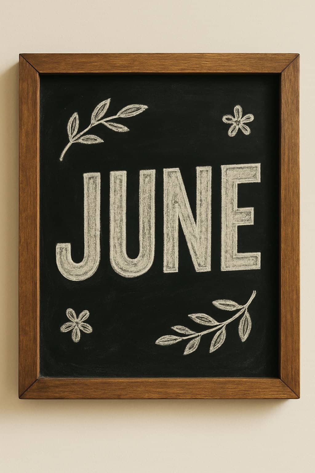 A wood framed chalkboard sign with bold block letters and subtle summer-themed decorations on a clean background.
