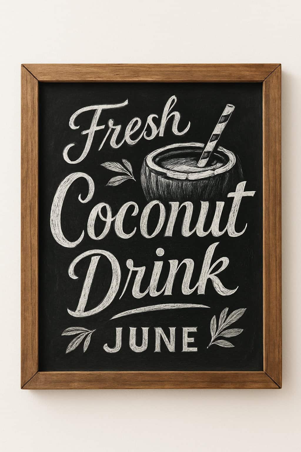 A wood-framed chalkboard sign with artistic hand-drawn lettering and tropical decorative elements on a clean background.