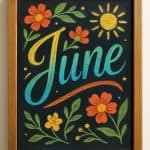 A framed chalkboard illustration with colorful flowers, green leaves, a yellow sun, and the word "June" written in large, gradient blue and yellow script.