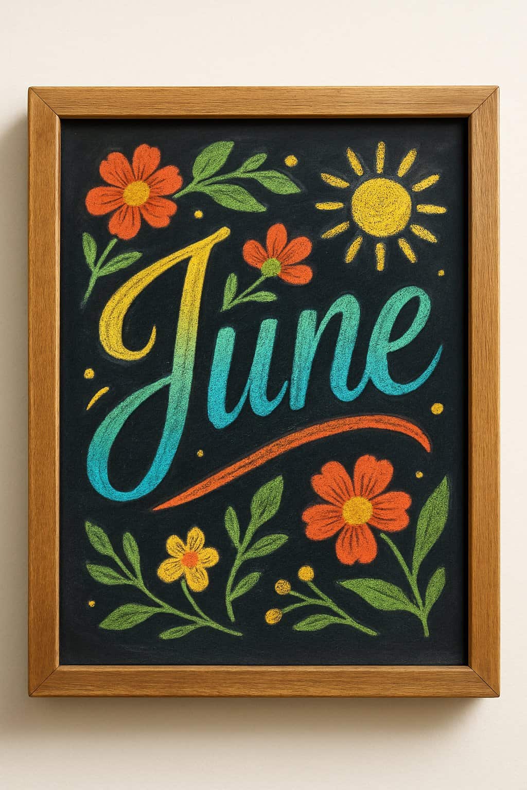 A wood-framed chalkboard sign with colorful hand-drawn summer-themed designs and artistic lettering, set against a clean background with natural light.