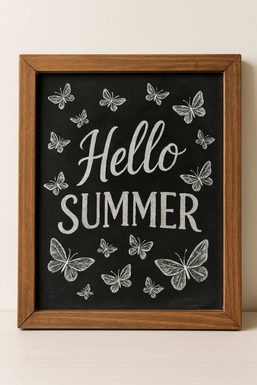 A wood framed chalkboard with artistic butterfly drawings and decorative lettering, set against a plain background with natural lighting.