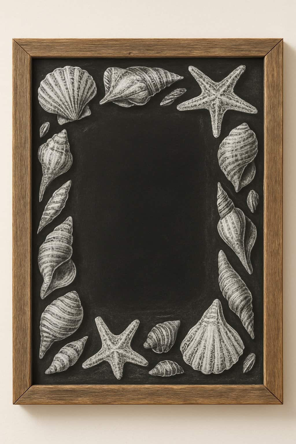 A wooden framed chalkboard with detailed seashell illustrations decorating the border against a plain background.