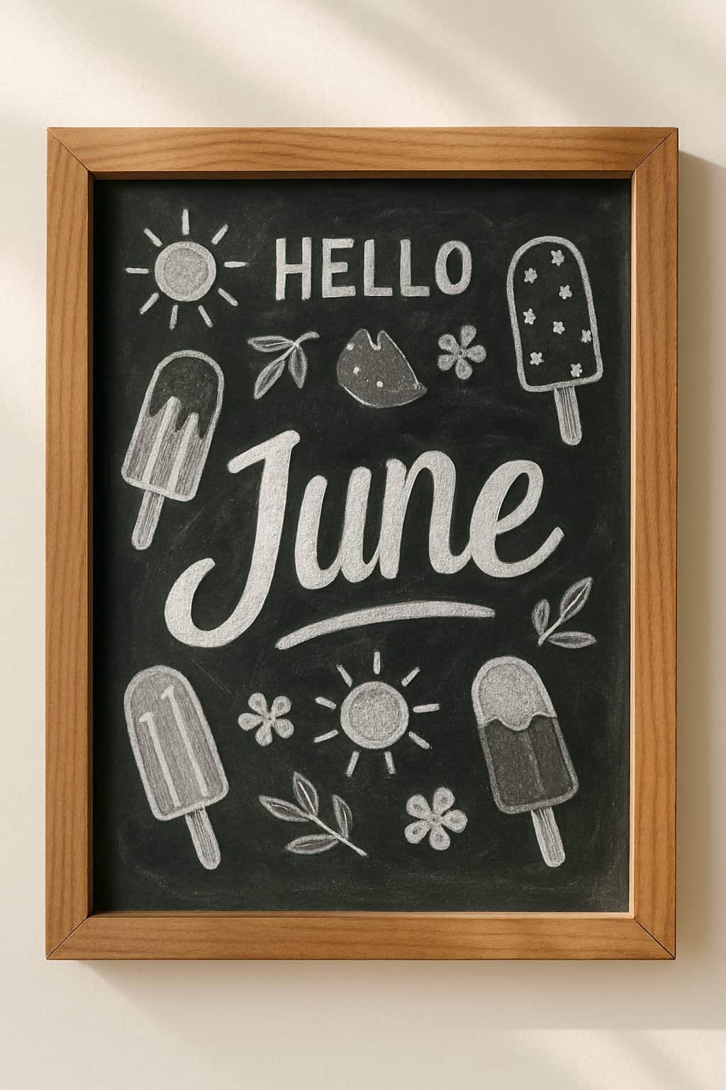 A wood framed chalkboard sign decorated with summer-themed drawings of ice lollies and sun shapes, illuminated by natural light against a plain background.