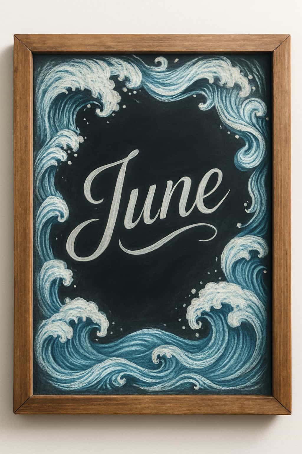 A wood framed chalkboard sign with artistic ocean wave borders drawn in chalk around the edges.
