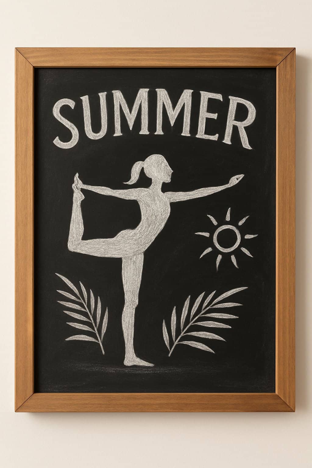 A chalkboard sign with a wood frame displaying a silhouette of a person doing a yoga pose surrounded by artistic chalk drawings, set against a clean background.