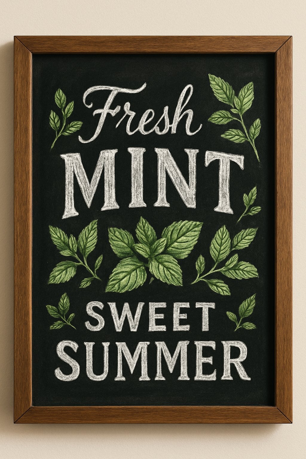 A wood framed chalkboard sign decorated with hand-drawn mint leaves and sprigs around elegant lettering on a clean background.