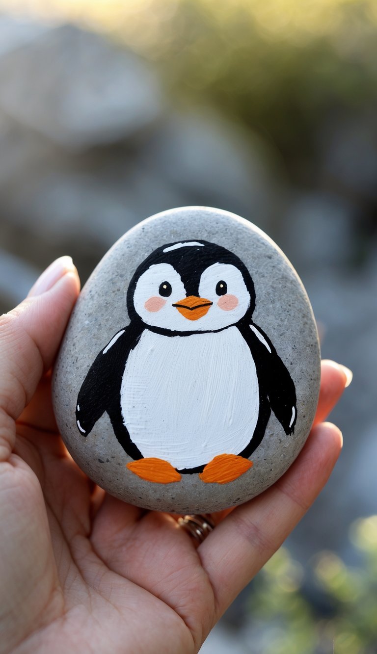 A hand holding a smooth river rock painted with a black and white penguin with an orange beak.