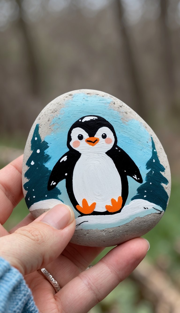 A hand holding a smooth river rock painted with a simple penguin and snowy background.