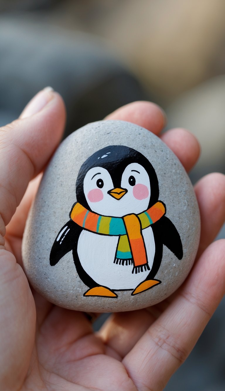 A hand holding a smooth river rock painted with a cartoon penguin wearing a scarf.