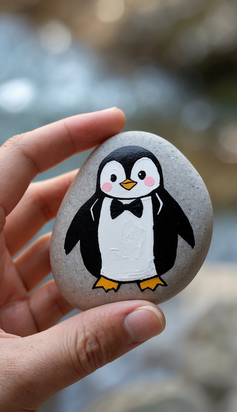 A hand holding a smooth river rock painted with a penguin wearing a bow tie.