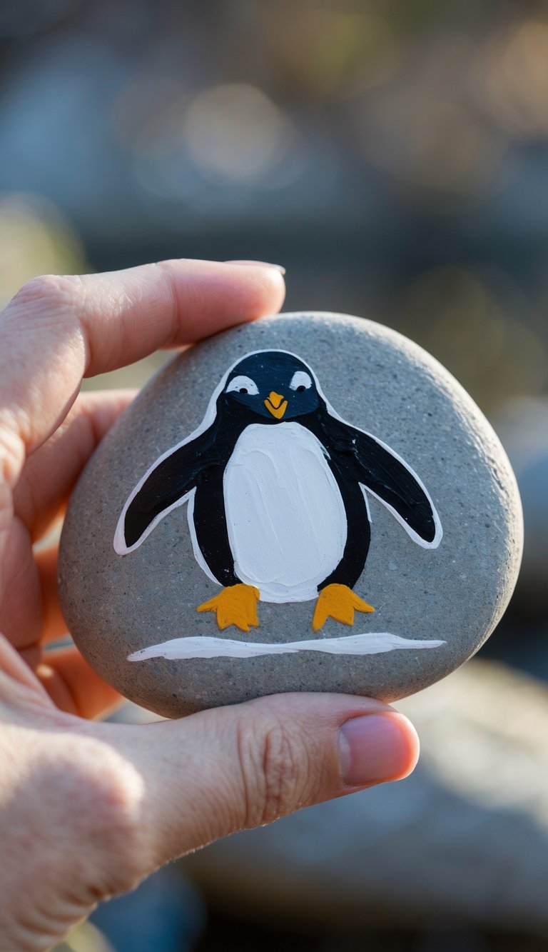 A hand holding a smooth river rock painted with a penguin design.