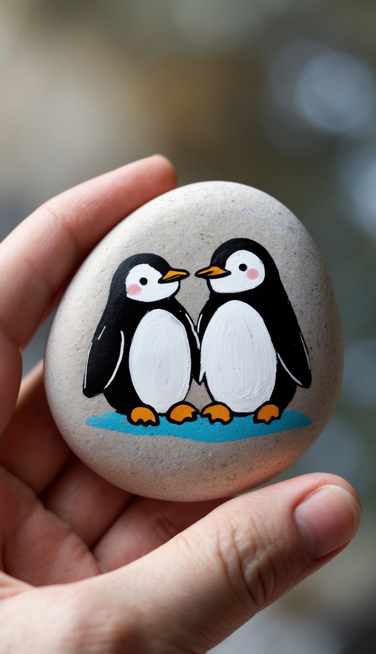 A hand holding a smooth river rock painted with an image of two penguins holding flippers.