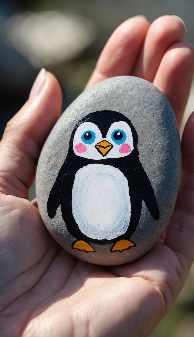 A hand holding a smooth river rock painted with a penguin design featuring bright blue eyes.