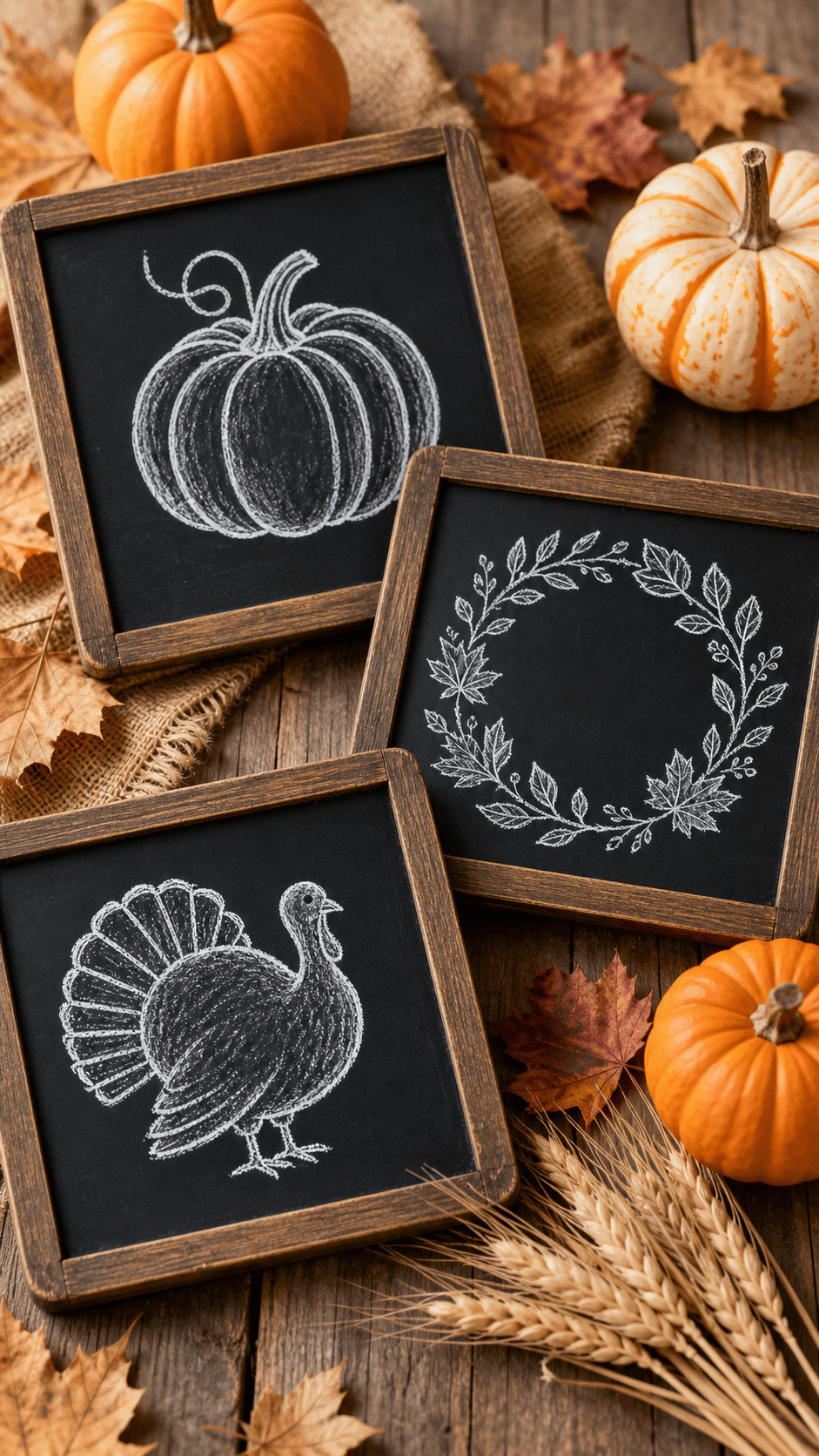 Photo of a Thanksgiving chalkboard with an amber leaf garland drawn in chalk, burnt-orange and gold accents, and soft candlelight reflected on the board.