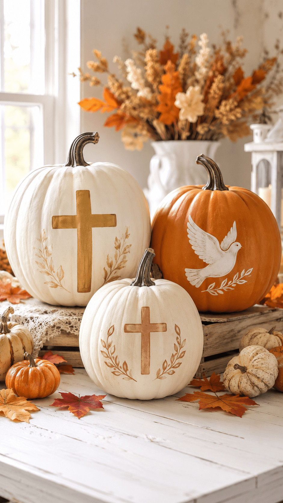 Painted pumpkin with delicate floral petals and small crosses in autumn orange, deep burgundy, and cream colors displayed as a fall table centerpiece.