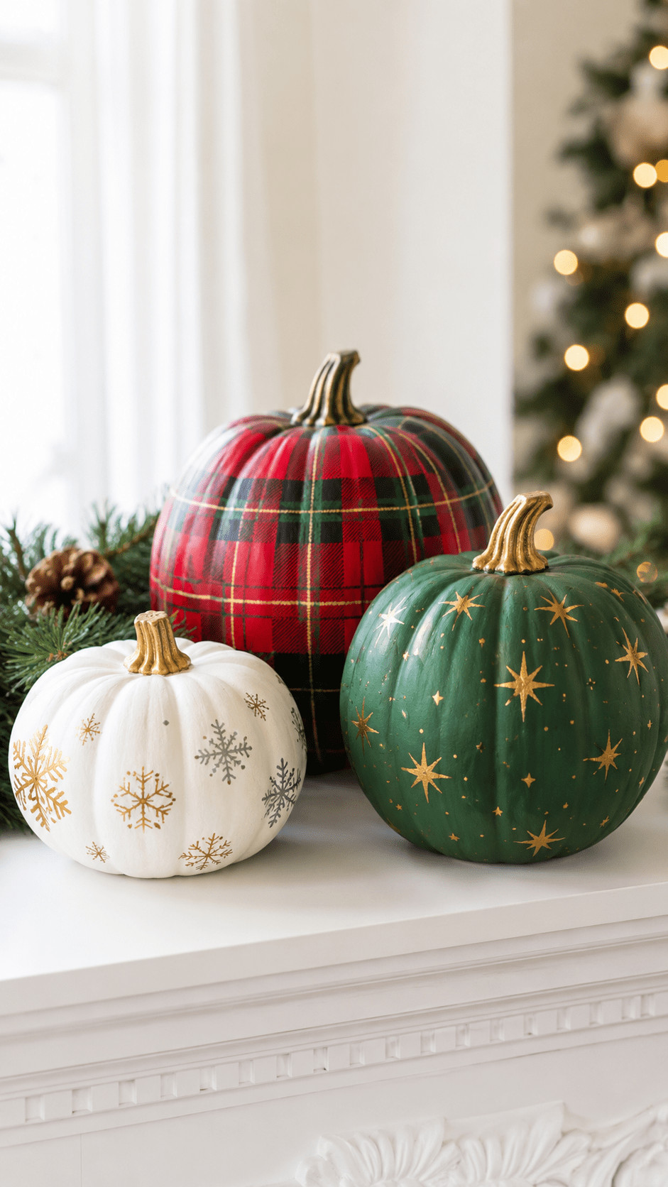 Painted amber pumpkin featuring tiny flame motifs displayed on a mantel with holiday greenery and soft candlelight.